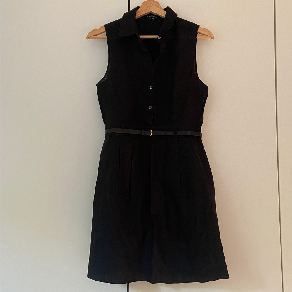 Theory Sleeveless Collared Belted Linen Mini Dress Summer | Size 2 | Black